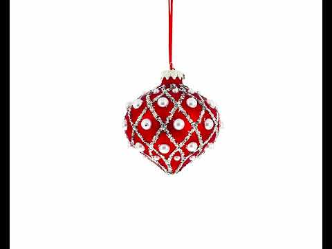 Pearl on Diamond Grid Teardrop Red Finial Glass Christmas Ornament