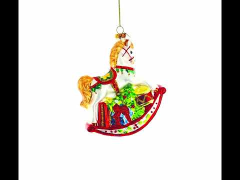 Traditional Rocking Horse with Gifts Glass Christmas Ornament