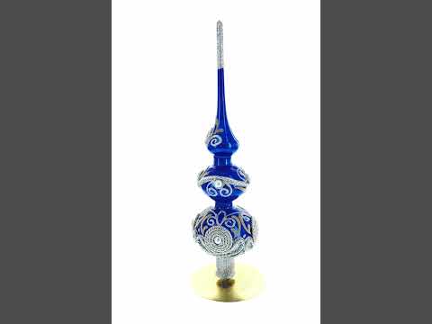 Pearls and Twisted Rope on Double Ball Blue Glass Christmas Tree Topper 12.5 Inches