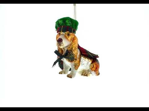 Hound in Tartan Cape and Plaid Hat Glass Christmas Ornament