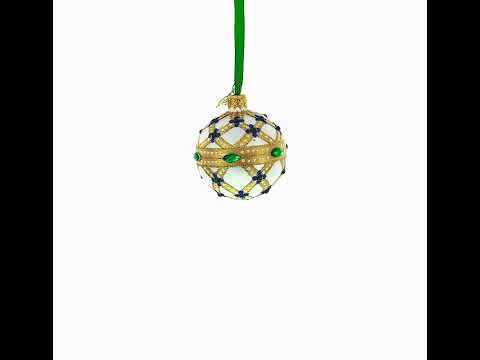 Yellow Trellis, Green Gems & Royal Blue Accents Glass Ball Christmas Ornament 2.4 Inches