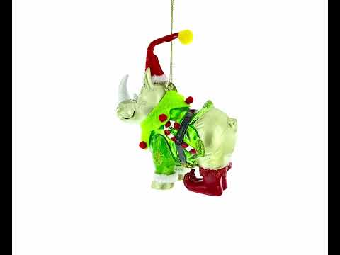 Rhino in Santa Hat Glass Christmas Ornament