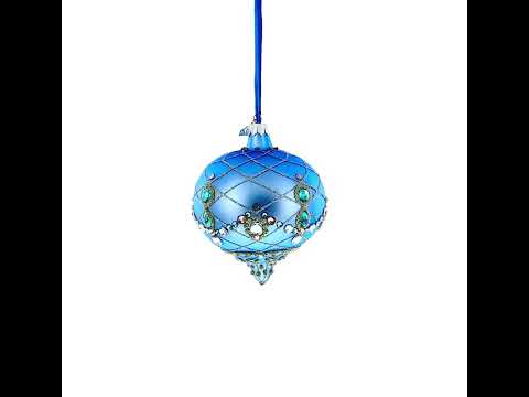 Blue Jeweled Lattice Diamond Onion-Shape Finial Glass Christmas Ornament