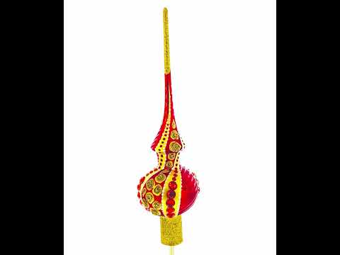 Dimensional Red Jewels on Golden Spirals Glass Christmas Tree Topper 11 Inches