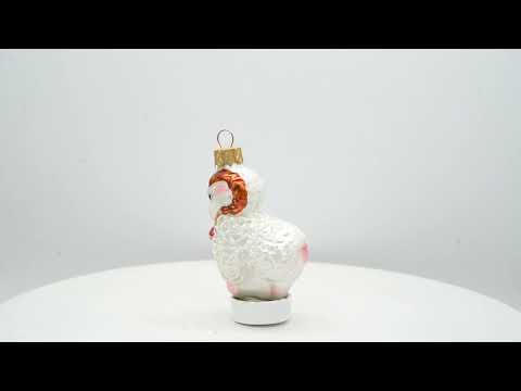 White Ram with Red Bell Glass Christmas Ornament