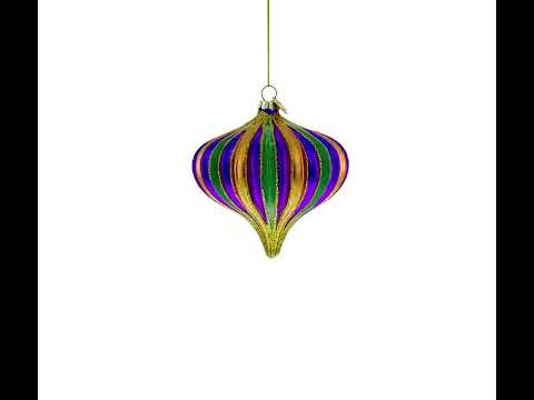 Adorno navideño de cristal con remate en forma de lágrima con rayas brillantes de color morado, verde y dorado