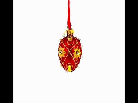 Red with Gold Floral and Jewel Accents Mini Glass Egg Ornament 2.9 Inches