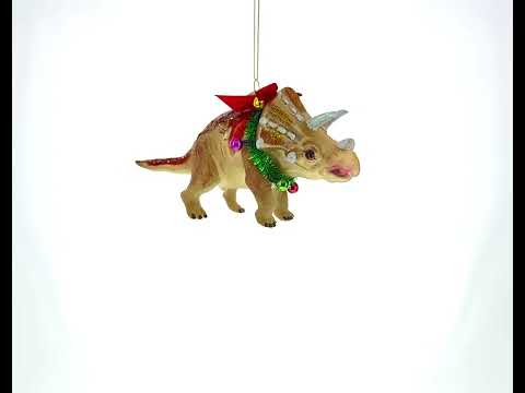 Dinosaur in Wreath Glass Christmas Ornament