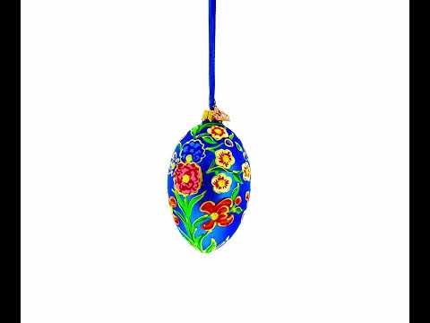 Bunte Blumen auf blauem Glasei, 10 cm