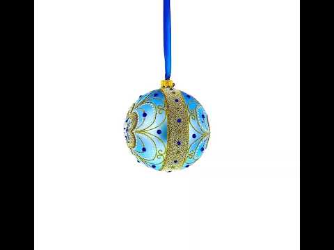 Baroque Filigree with Gemstones on Blue Glass Ball Christmas Ornament 4 Inches