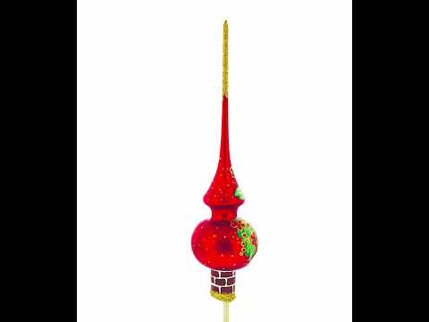 Weihnachtsmann klettert den Schornstein herunter – roter Glas-Weihnachtsbaumspitzenaufsatz (28 cm)