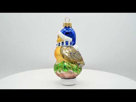 Gelbes Küken mit blauem Hut und gestreiftem Schal, Weihnachtsschmuck aus Glas