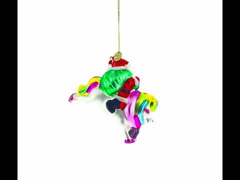 Santa Riding Rainbow Unicorn Glass Christmas Ornament