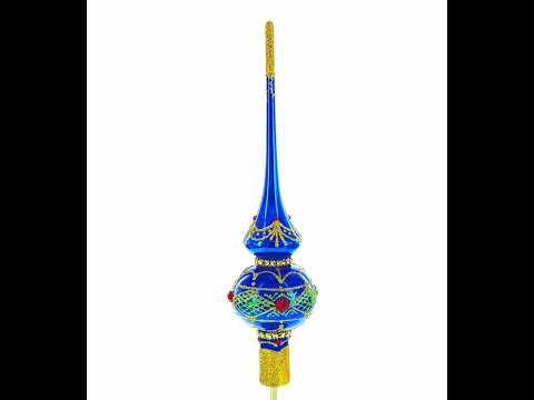 Blue and Gold with Ornate Glitter Geometrical Glass Christmas Tree Topper 11 Inches