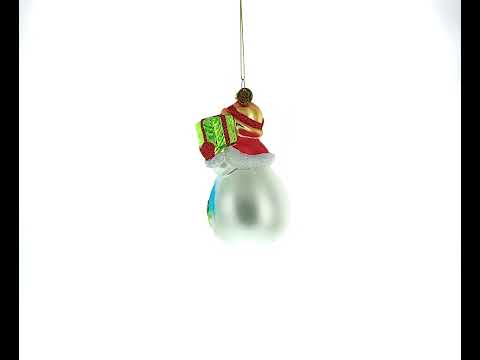 Snowman with Red Cardinals Holding a Gift Glass Christmas Ornament
