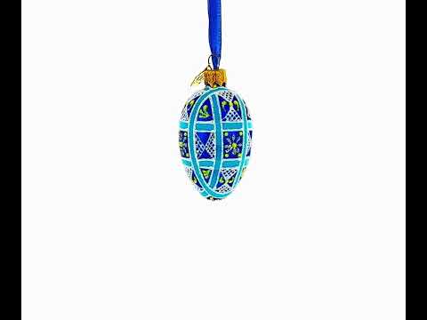 Adorno floral geométrico en forma de huevo de cristal en azul cobalto y blanco, 2,9 pulgadas