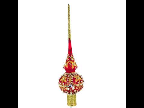 Baroque Style Red & Gold Jeweled Finial Glass Christmas Tree Topper 11 Inches