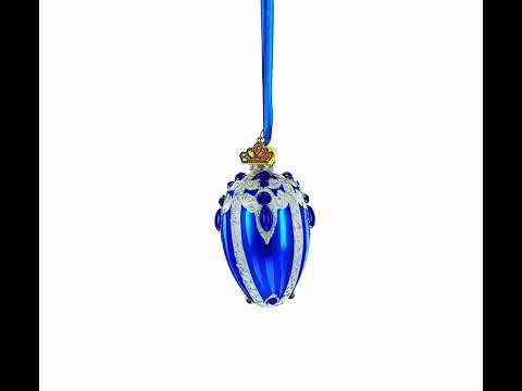 Adorno de huevo de cristal en miniatura, de 7,35 cm, color azul real con purpurina plateada y detalles de gemas