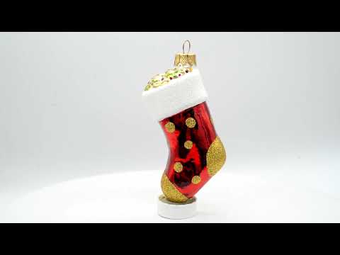 Shiny Polka Dot Decorated Stocking Glass Christmas Ornament
