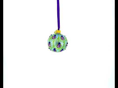 Blaue Glaskugel mit glitzerndem Pfauenfeder-Design, Weihnachtsschmuck
