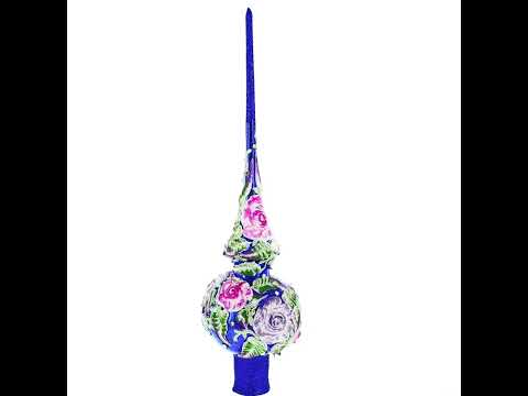 Raised Pink Roses on Cobalt Blue Glass Christmas Tree Topper 11 Inches