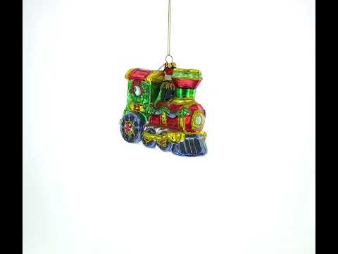 Playful Penguins Riding Train Glass Christmas Ornament