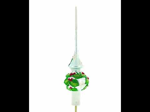 Dimensional Red Berries with Leaves on White Glass Christmas Tree Topper 11 Inches