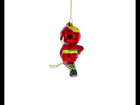 Snowman Playing Hockey Glass Christmas Ornament