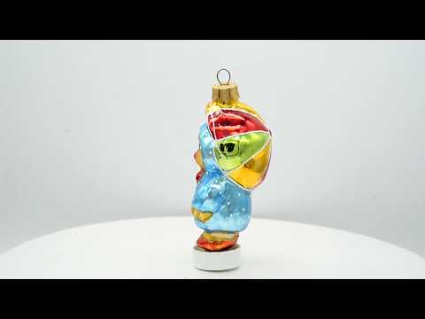 Duckling Wearing Raincoat with Umbrella Glass Christmas Ornament