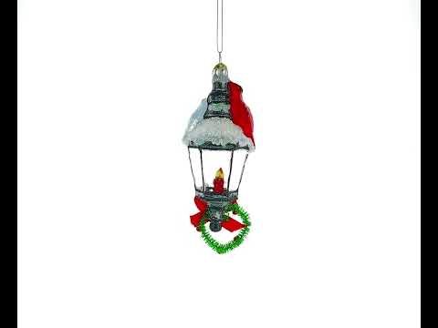 Red Cardinal Perched on Snow-Capped Lantern Glass Christmas Ornament