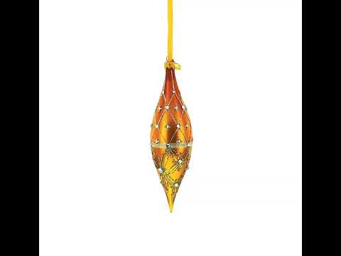 Golden Lattice and Floral Pattern Jeweled Elongated Pointed Teardrop Finial Glass Christmas Ornament