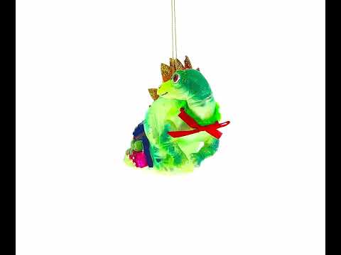 Green Dinosaur with Gifts Glass Christmas Ornament