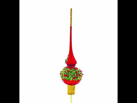 Red Pearls and Poinsettia Flowers on Glossy Red Glass Christmas Tree Topper 11 Inches
