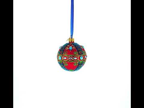Blue Gem Accents and Gold Swirls on Red Glass Ball Christmas Ornament 3.25 Inches