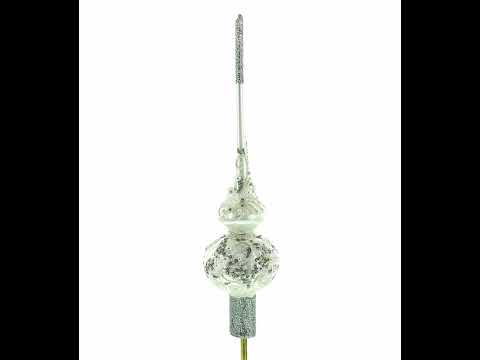 White Roses and Pearls on Glossy White Glass Christmas Tree Topper 11 Inches