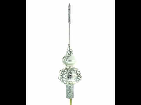 White Jewels Star on Glossy Silver Glass Christmas Tree Topper 11 Inches