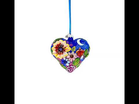 Moonlit Floral Meadow Heart Glass Ornament