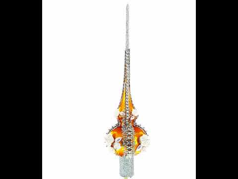 Dimensional Pearl Roses on Gold Glass Christmas Tree Topper 11 Inches