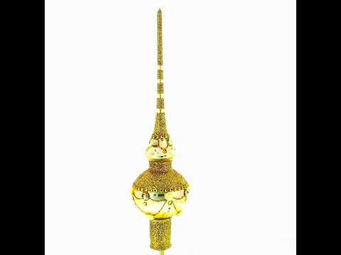 Dimensional Roses on Sparkling Beige Glass Christmas Tree Topper 11 Inches