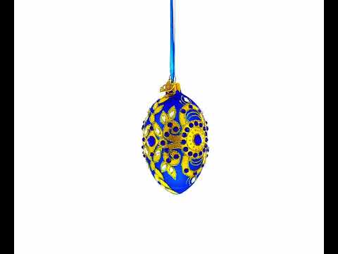 Goldene Blätter auf blauem Glasei, Weihnachtsschmuck, 10 cm