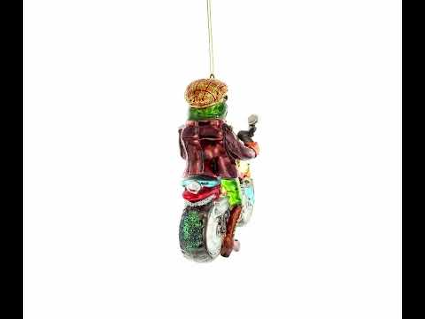 Frog Riding Motorcycle Glass Christmas Ornament