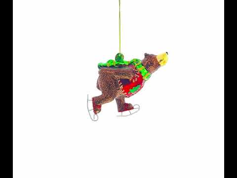 Skating Bear Glass Christmas Ornament