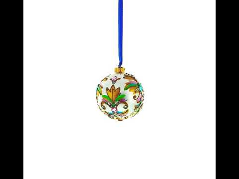 Retro Style White and Gold Reflector with Glitter, Gems & Indent Center Glass Christmas Ornament