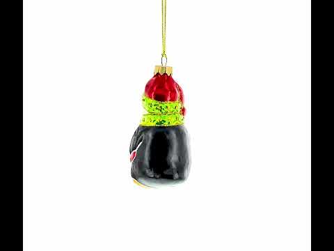 Penguin in Santa Hat with Red Present Glass Christmas Ornament
