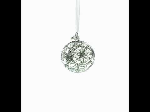 Frosted Silver Poinsettia Sparkle Glass Ball Christmas Ornament 3.25 Inches