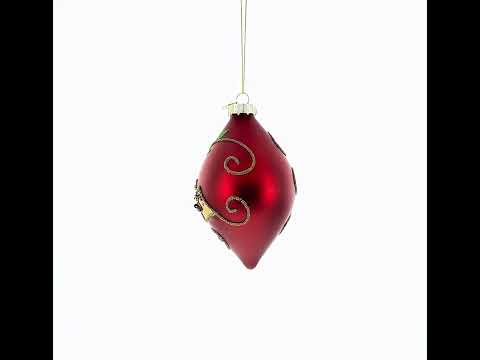 Red Teardrop with Jewel Center and Glitter Flowers Glass Christmas Ornament