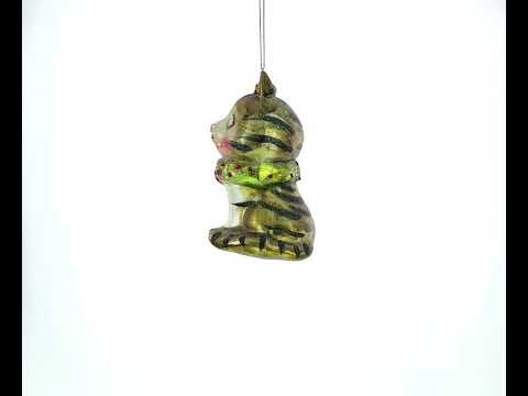 Striped Cat with Scarf Glass Christmas Ornament