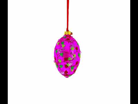 Vibrant Pink Heart Vines with 3D Roses Glass Egg Christmas Ornament 4 Inches