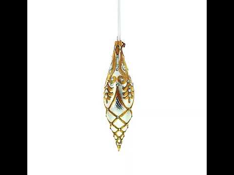 Gold & White Baroque-Style Gem-Encrusted Elongated Pointed Teardrop Finial Glass Christmas Ornament