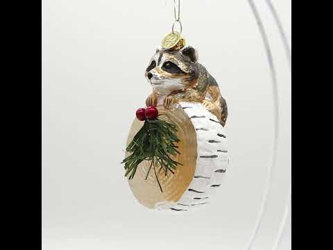 Raccoon on the Log Glass Christmas Ornament